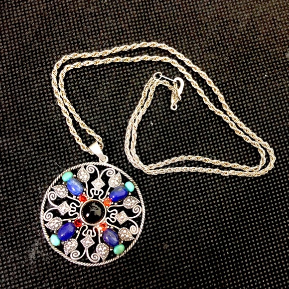 Sterling Silver Turquoise Garnet Onyx Lapis Marcasite Pendant and Rope Necklace - Picture 13 of 13